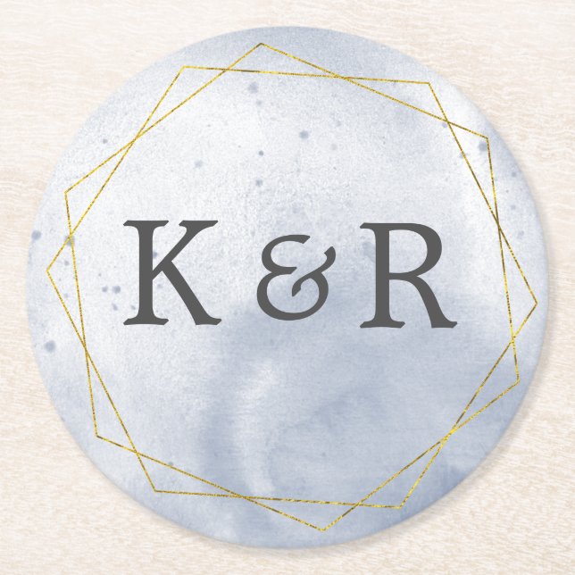Dusty Gold and Blue Wedding Round Paper Coaster (Front)