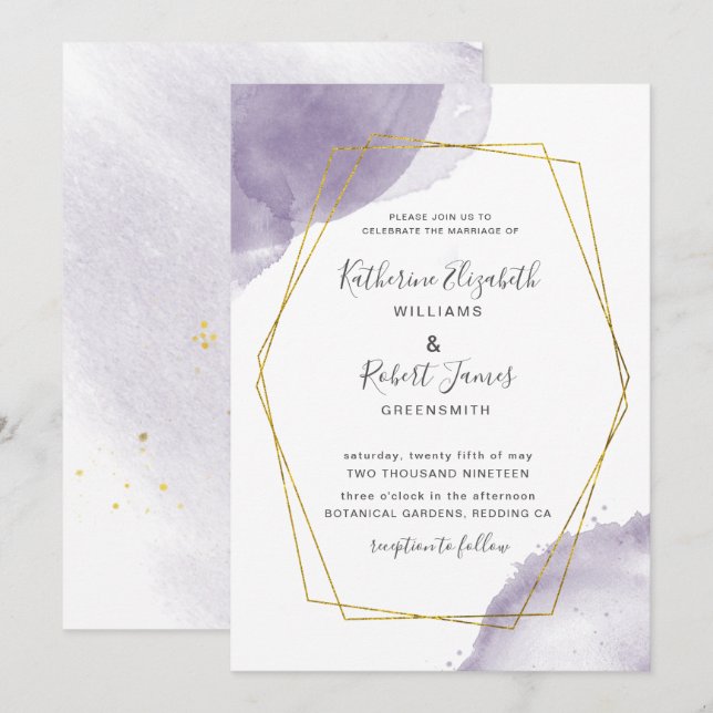 Dusty Gold Elegant Purple Wedding Invitation (Front/Back)