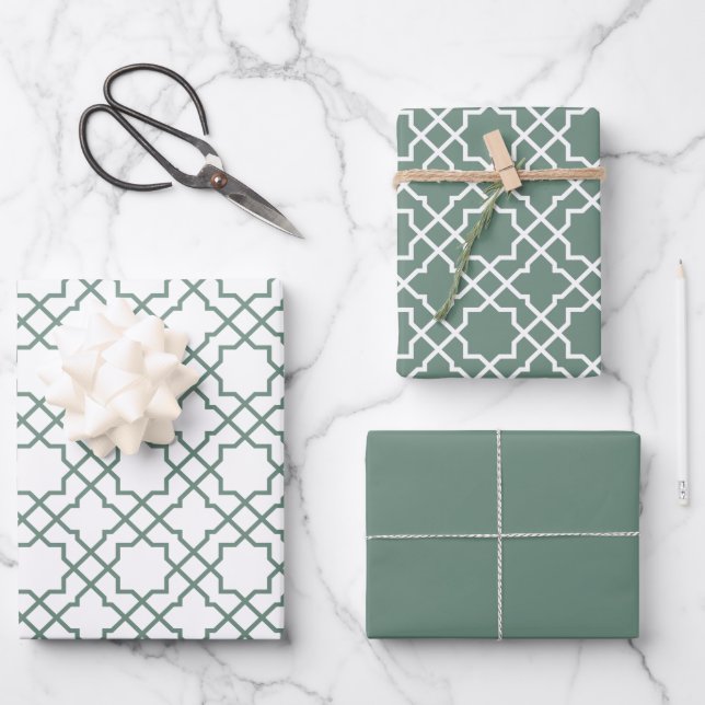 Dusty Green Arabesque Pattern Gift Wrapping Paper (Front)