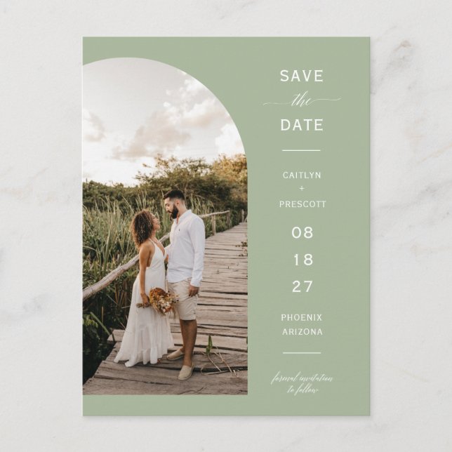 Dusty Green Arch Photo QR Code Save the Date Postcard (Front)