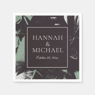 Dusty Green Black Abstract Floral Wedding Napkin