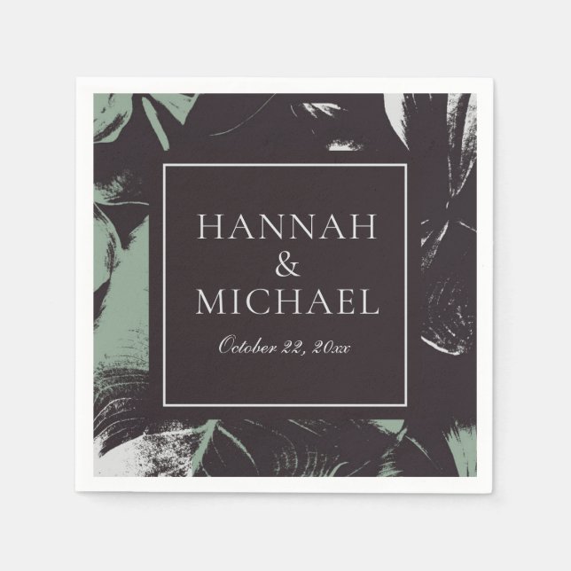 Dusty Green Black Abstract Floral Wedding Napkin (Front)