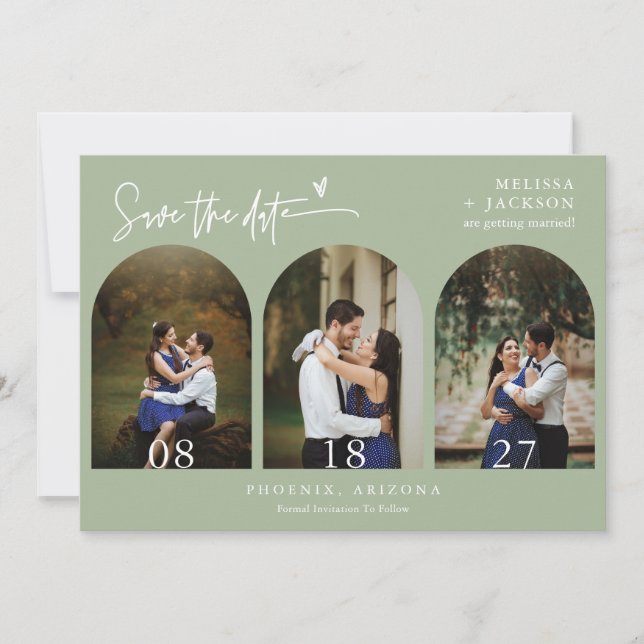 Dusty Green Boho Arch Photo QR Code Save the Date Invitation (Front)