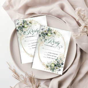 Dusty Green Botanical Green Gold Wedding Reply   RSVP Card