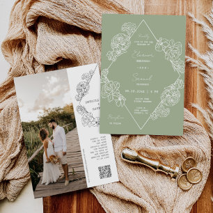 Dusty Green Botanical Line Art Boho QR Code Photo Invitation
