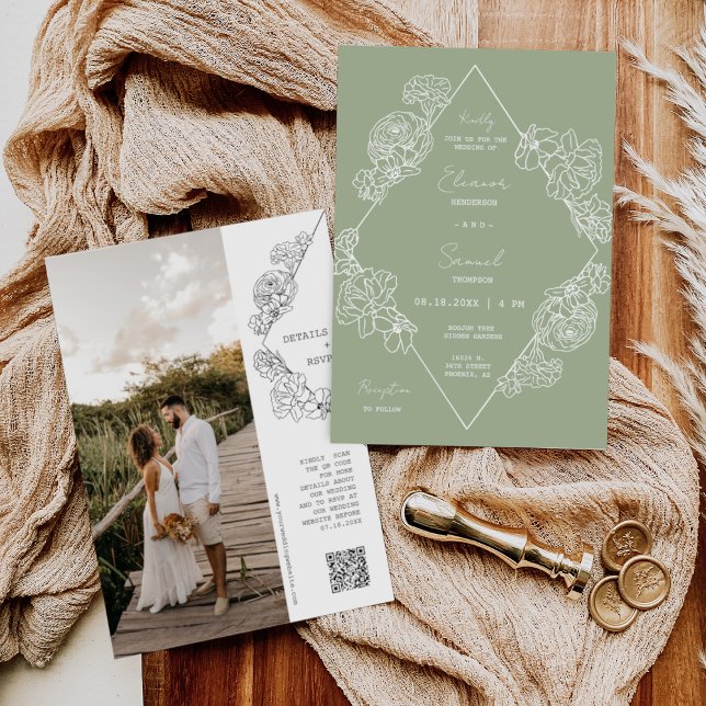 Dusty Green Botanical Line Art Boho QR Code Photo Invitation (Creator Uploaded)