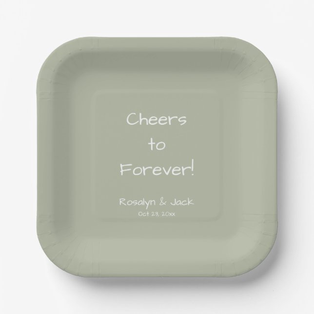 Dusty Green Casual Handwriting Cheers to Forever  Paper Plate (Front)