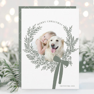 Dusty Green Christmas Wreath Minimal Photo Holiday Card