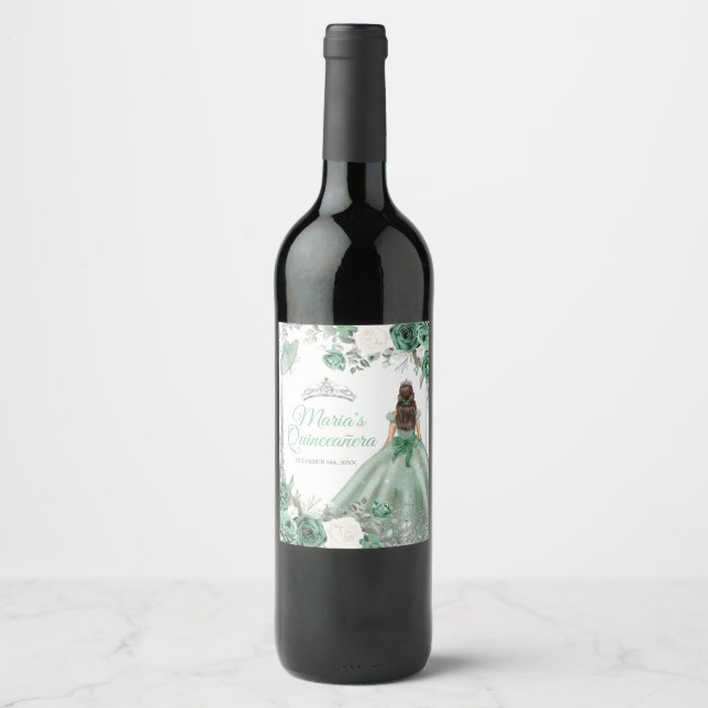 Dusty Green Dresses Quinceañera Crown Birthday Wine Label (Front)