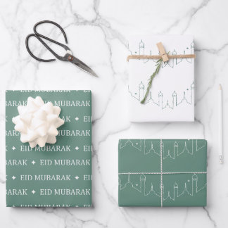 Dusty Green Eid Mubarak Masjid Pattern Design Wrapping Paper Sheet