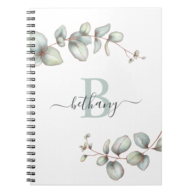 Dusty Green Eucalyptus Personalized Monogram Notebook (Front)
