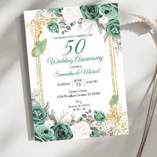 Dusty Green Floral Gold 50th Wedding Anniversary Invitation