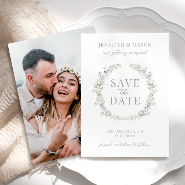 Dusty green floral Save the Date photo invitation (Creator Uploaded)
