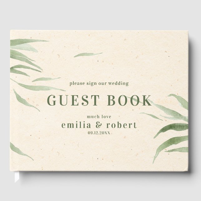 Dusty Green Foliage, Beige Paper Guest Book (Front)