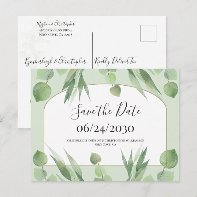 Dusty Green Geometric Arch Wedding Save the Date Postcard (Front/Back)