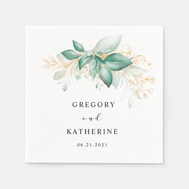 dusty green gold eucalyptus greenery wedding napkin (Front)