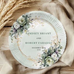 Dusty Green Greenery Watercolor Wedding Paper Plat Plate