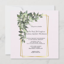 Dusty Green Leaves with White Flowers Invitation