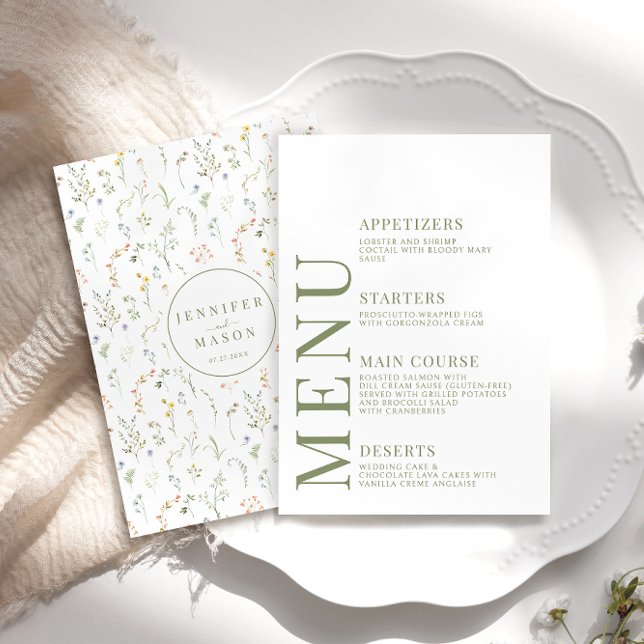 Dusty Green Meadow Flowers Wedding Menu Cards (Creator Uploaded)
