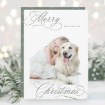 Dusty Green Merry Christmas Script Minimal Photo Holiday Card<br><div class="desc">Elegant and romantic swirly calligraphy lettering with a photo and a seamless pattern on the back. For more advanced customization of this design,  please click the BLUE DESIGN TOOL BUTTON above!</div>
