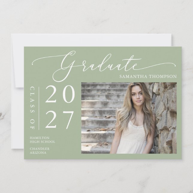 Dusty Green Minimal Script School Graduation Photo Invitation (Front)
