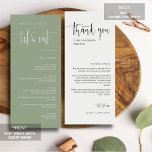 Dusty Green Minimal Thank You Placecard Menu<br><div class="desc">Check out this All-in-One Modern Minimalist Menu Table Escort Place Card with Thank You for your wedding or party event! This menu card features an elegant calligraphy script of "let's eat" on the front with a clean and simple block sans serif typography font on a dusty green background and elegant...</div>