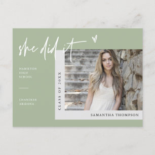 Dusty Green Minimalist Photo She Did It Graduation Postcard