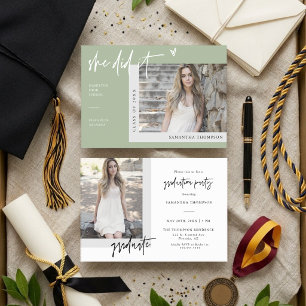 Dusty Green Modern Boho She Did It Grad Photo Invitation