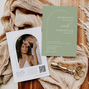 Dusty Green Modern Minimal Arch Photo QR Code Invi Invitation