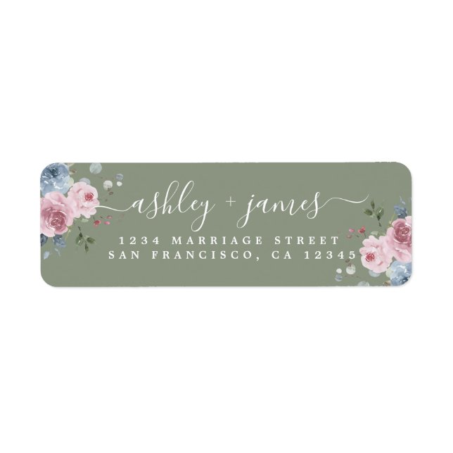 Dusty Green Pink Rose Return Address Label (Devant)