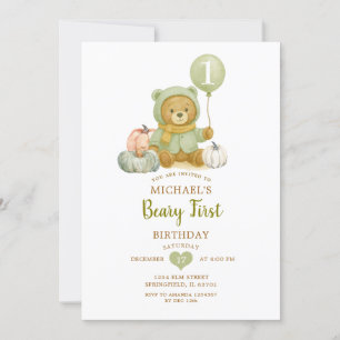 Dusty Green Sage Fall Beary First Birthday  Invitation