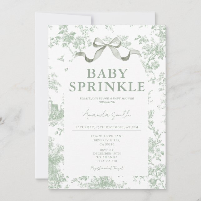 Dusty Green Sage Floral Toile Baby Sprinkle Floral Invitation (Front)