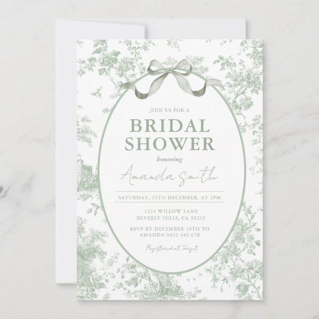 Dusty Green Sage Floral Toile Bridal Shower Invitation (Front)