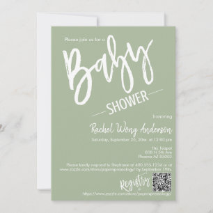 Dusty Green Script Baby Shower QR Code Photo Invitation