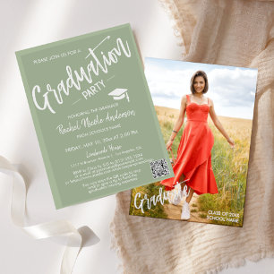 Dusty Green Script QR Code Photo Graduation Party Invitation