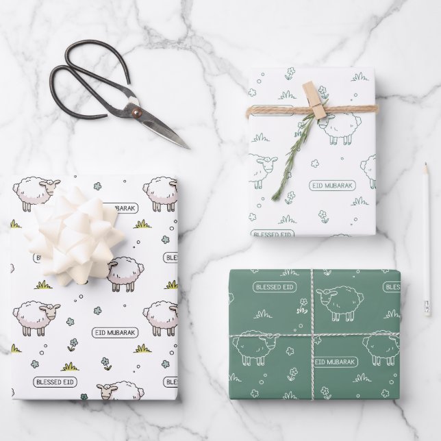 Dusty Green Sheep Eid Mubarak Kids Wrapping Paper Sheet (Front)
