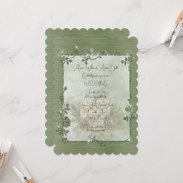 Dusty Green Shiny Elegant Sparkly Frame Wedding Invitation (Front/Back In Situ)