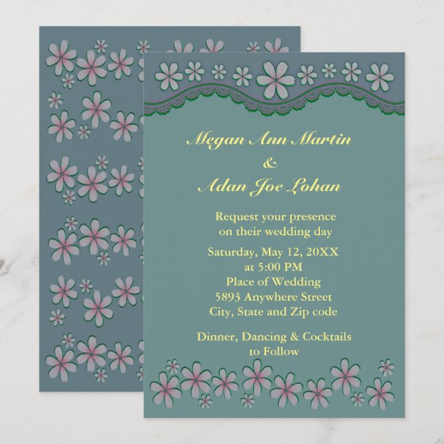 Dusty Green Six Petal Flower Wedding Invitation (Front/Back)
