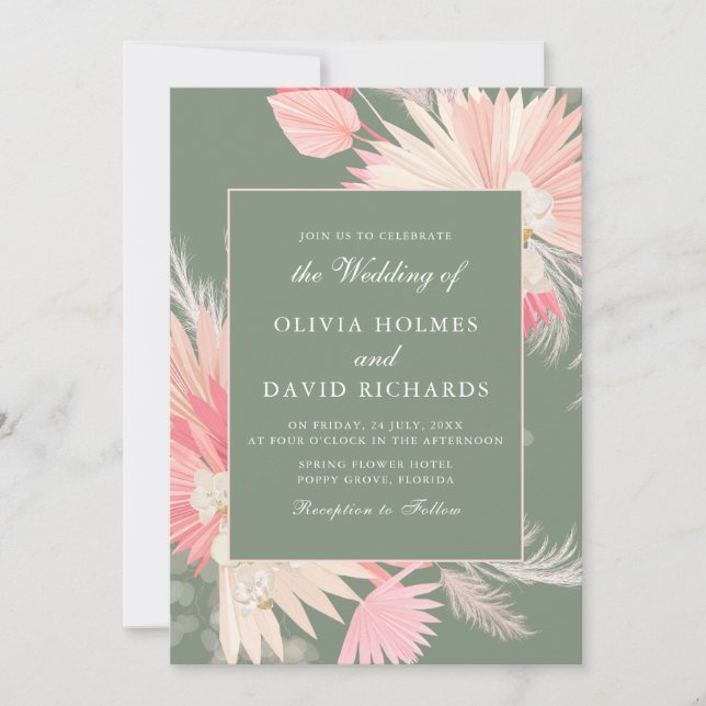 Dusty Green Tropical Orchid Faire-part de mariage (Devant)