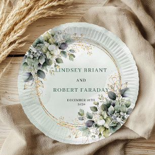 Dusty Green Watercolor Greenery Wedding Paper Plate
