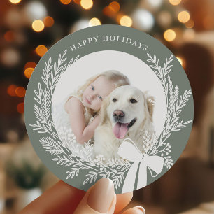Dusty Green & White Christmas Wreath Photo Classic Round Sticker