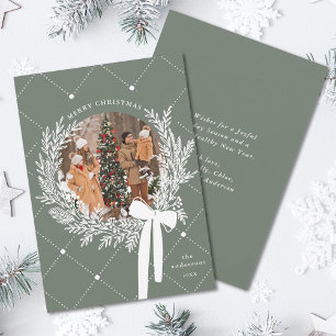 Dusty Green & White Christmas Wreath Photo  Holiday Card