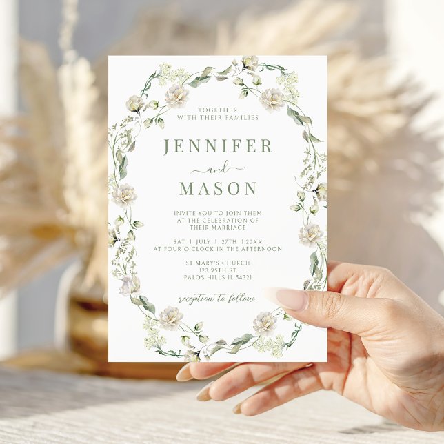 Dusty Green White Floral Wreath Bohemian Wedding Invitation (Creator Uploaded)