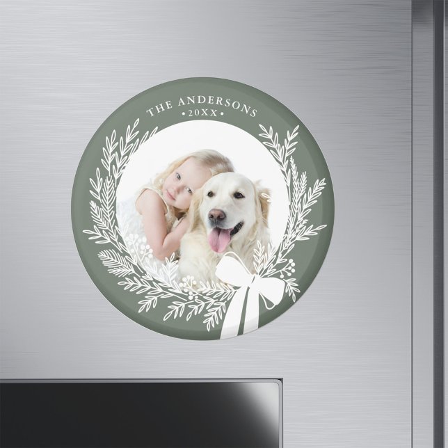 Dusty Green & White Simple Christmas Wreath Photo  Magnet (Creator Uploaded)