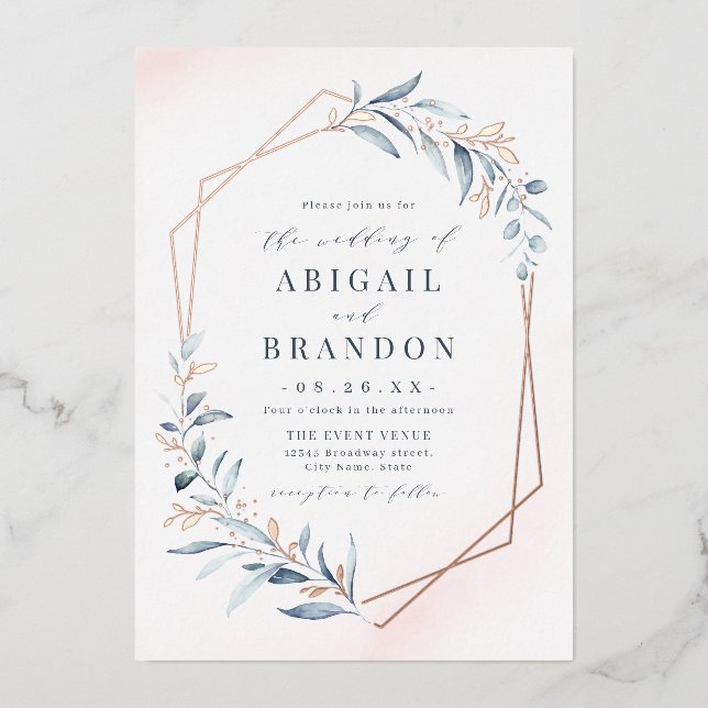 Dusty Greenery Rose Gold Geometric Rustic Wedding (Front)