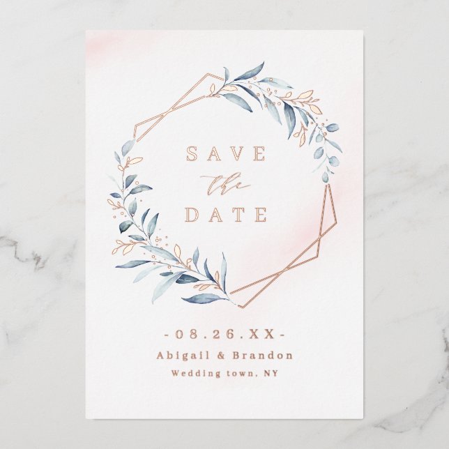 Dusty Greenery Rose Gold Geometric Save the date (Front)