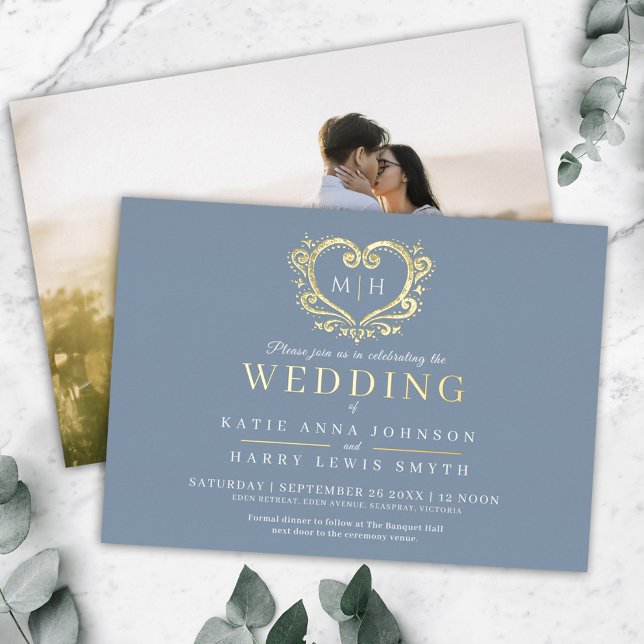 Dusty grey blue and gold heart photo wedding  (Creator Uploaded)