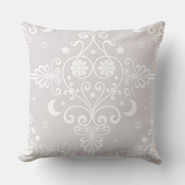 Dusty Grey Rose Bohemian Celestial Damask Pattern Throw Pillow (Front)