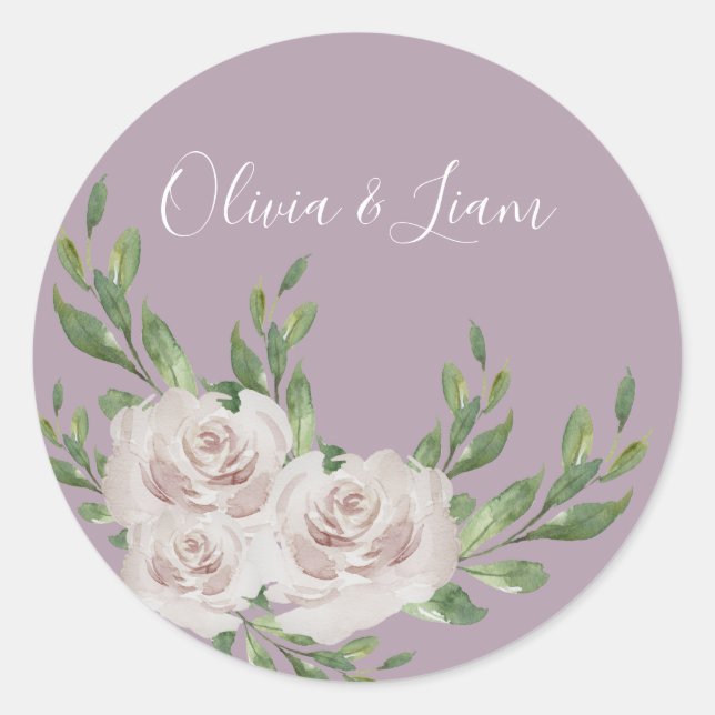 Dusty Lavender Floral Elegant Script Wedding Classic Round Sticker (Front)