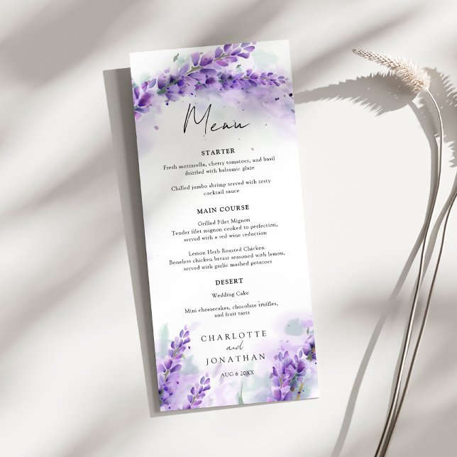 Dusty Lavender Foliage Modern Watercolor Wedding Menu (Creator Uploaded)